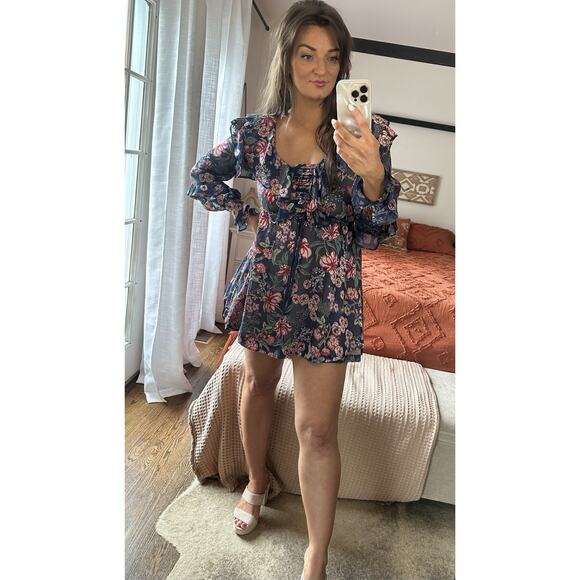 For Love and Lemons Size Small Navy Floral Silk Blend Long Sleeve Mini Dress - Picture 1 of 16